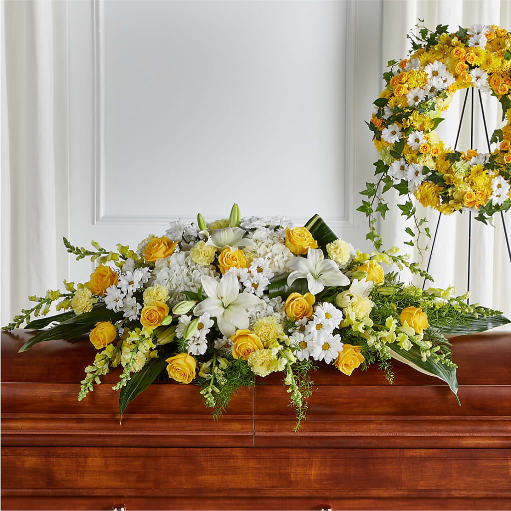 Golden Harmony Casket Spray – ELLIOTT'S FLORIST & GIFTS, INC., Appomattox VA